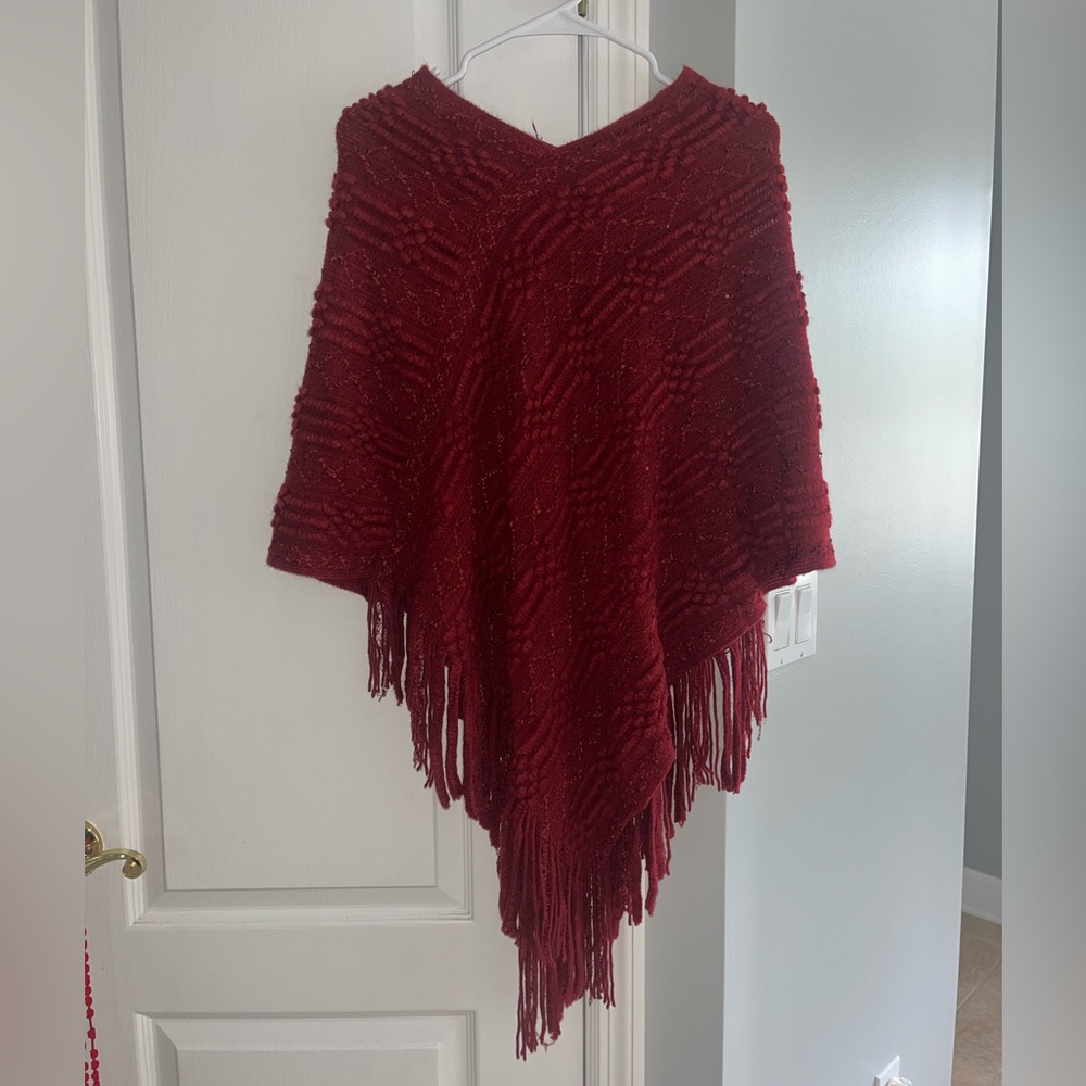NEW Chic Red Textured Poncho with Fringe